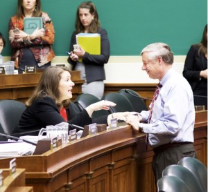 Chairman Fred Upton (R-MI) and Rep. Diana DeGette (D-CO) chat before the Health Subcommittee vote on the 21st Century Cures legislation on May 14, 2015